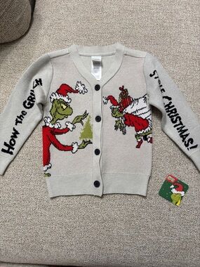 NWT How The Grinch Stole Christmas Kids' Gray Holiday Cardigan Size 4